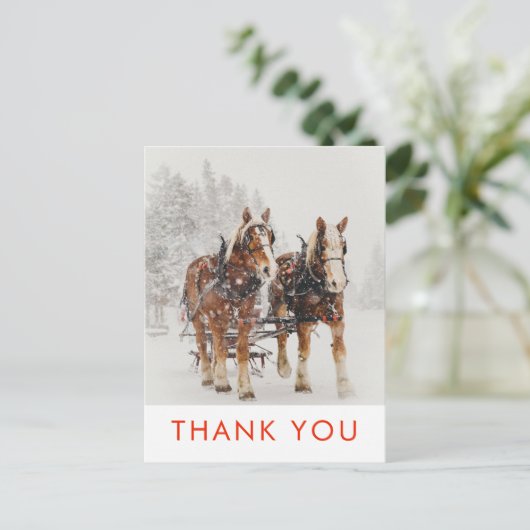 Paard getrokken slee kerstscène dank u briefkaart (Staand voorkant)