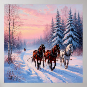 Paard getrokken slee reis door een besneeuwde wint poster