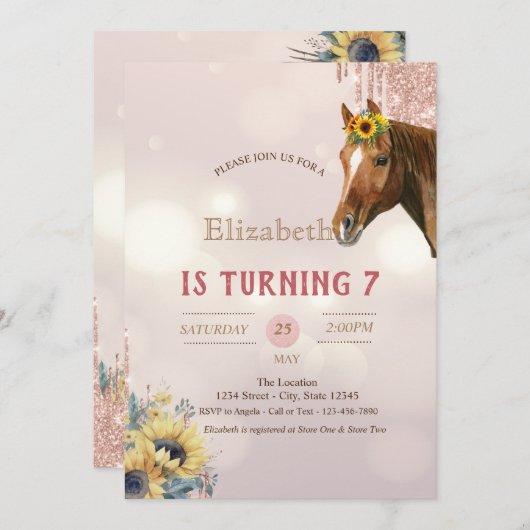 Paard Glitter Drips Zonnebloemen Verjaardag Kaart (Voorkant / Achterkant)