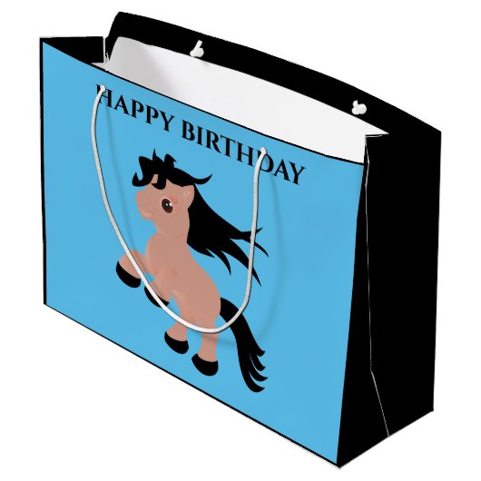 Paard Happy-verjaardagskaartje in blauw. Groot Cadeauzakje (Achterkant Gekanteld)