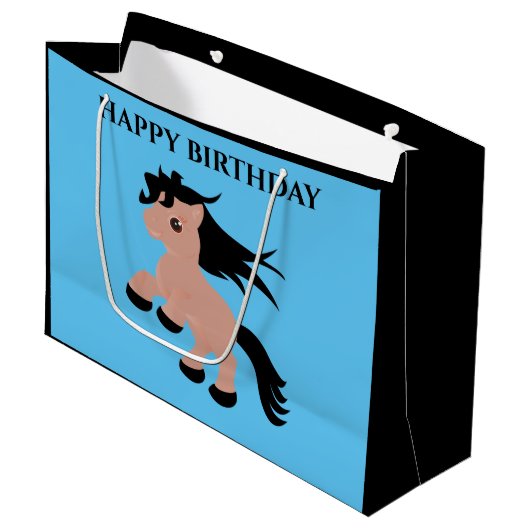 Paard Happy-verjaardagskaartje in blauw. Groot Cadeauzakje (Voorkant Gekanteld)