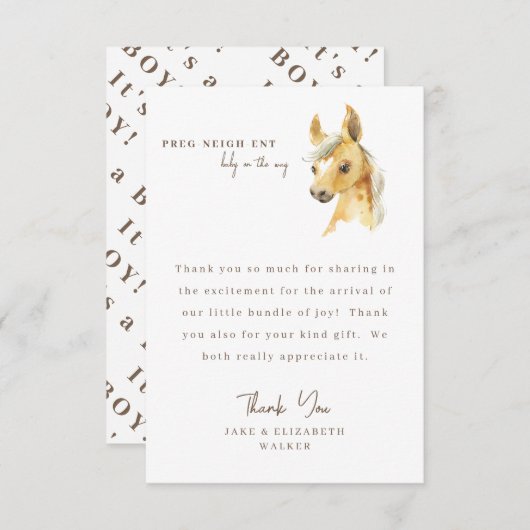 Paard Het is een Boy Baby shower Bericht Dank je I Bedankkaart (Voorkant / Achterkant)