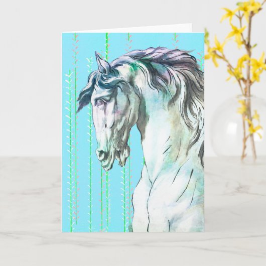 Paard in Aqua Art Note Kaart (Gele Bloem)