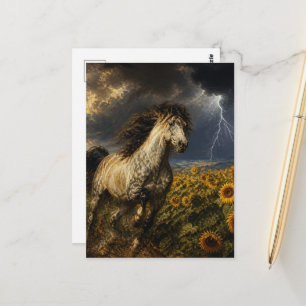 paard in een zonnebloemveld tijdens een onweersbui briefkaart