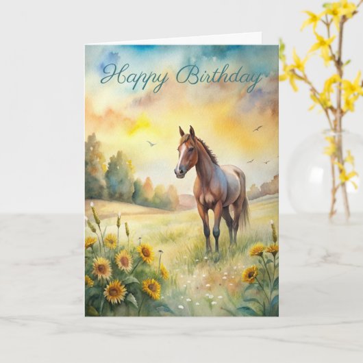 Paard in het veld Verjaardag Kaart (Gele Bloem)