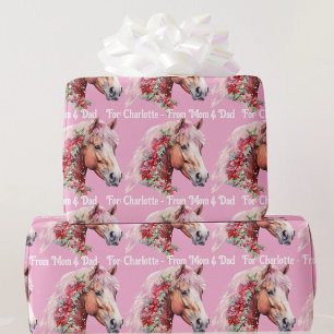 Paard in kerstlinten Voeg meisjesnaam roze toe Cadeaupapier