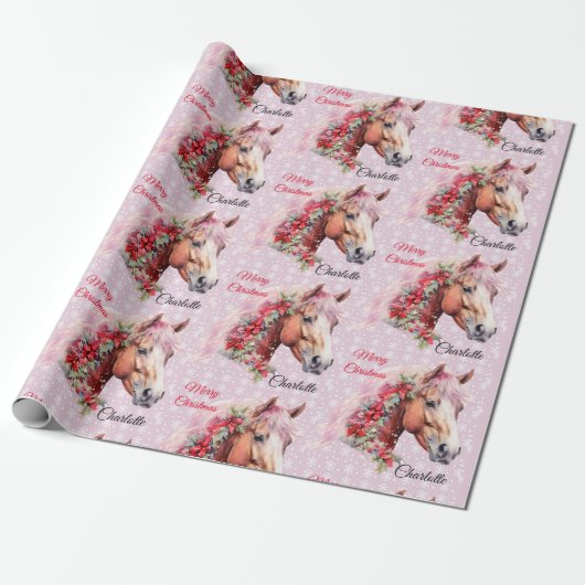 Paard in Kerstmis linten Voeg meisjesnaam roze Cadeaupapier (Uitgerold)