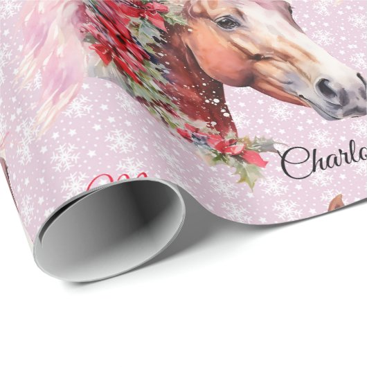 Paard in Kerstmis linten Voeg meisjesnaam roze Cadeaupapier (Rol Hoek)