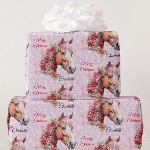 Paard in Kerstmis linten Voeg meisjesnaam roze Cadeaupapier