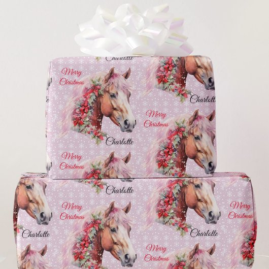Paard in Kerstmis linten Voeg meisjesnaam roze Cadeaupapier