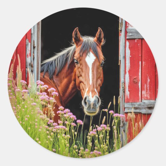 Paard in schuurdeur ronde sticker (Voorkant)
