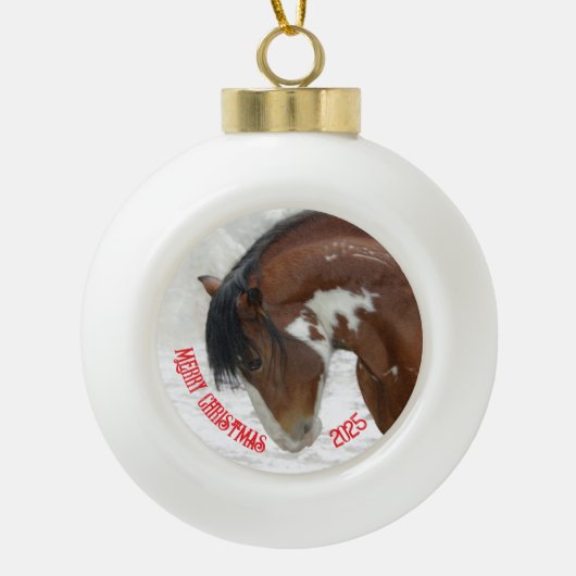 Paard in Sneeuw Paard Kerstmis Keramische Bal Ornament (Voorkant)