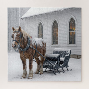 Paard Ingespannen voor een Slede bij een Kerk Legpuzzel