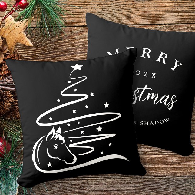 Paard Kerstboom Paardensport zwart en wit Kussen (Horse Christmas tree personalized pillow, black and white vector art.)