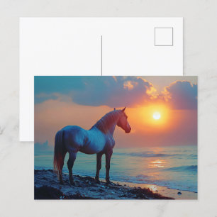 Paard kijken naar zonsondergang aan zee briefkaart