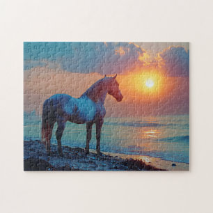 Paard kijken naar zonsondergang aan zee legpuzzel