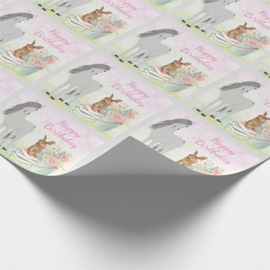  Paard, Konijn en Bloemen Gelukkige Verjaardag Cadeaupapier (Hoek)