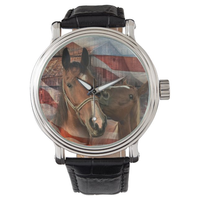 Paard Landelijke Schuur Amerikaanse Vlag Horloge (Voorkant)