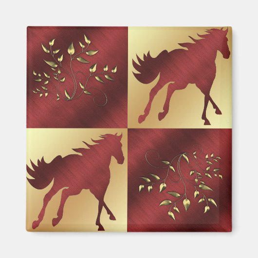 Paard Maroon en goud met gouden bladeren Magneet (Voorkant)