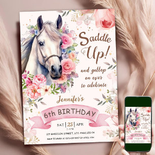 Paard meisje 6de verjaardag Roze Bloemen Saddle Up Kaart