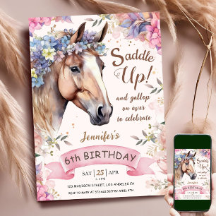 Paard meisje 6de verjaardag Roze Bloemen Saddle Up Kaart