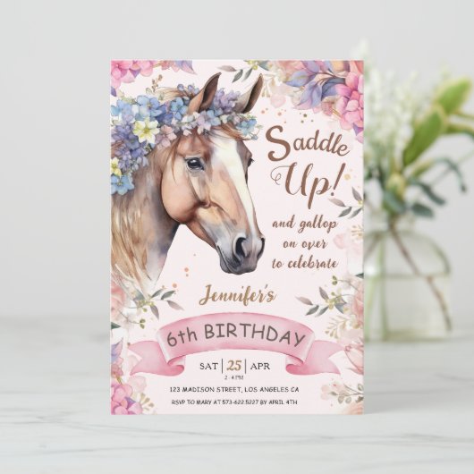 Paard Meisje 6e Verjaardag Roze Bloemen Saddle Up Kaart (Staand voorkant)
