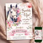 Paard Meisje 6e Verjaardag Roze Bloemen Saddle Up Kaart