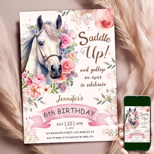 Paard Meisje 6e Verjaardag Roze Bloemen Saddle Up Kaart