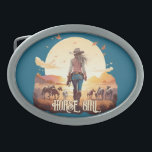 Paard meisje Cowgirl paard lover woestijn zonsonde Gesp<br><div class="desc">Paard meisje ontwerp met een paard meisje,  cowgirl,  haar paarden in de woestijn in de zonsondergang.</div>