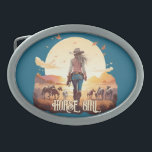 Paard meisje Cowgirl paard lover woestijn zonsonde Gesp<br><div class="desc">Paard meisje ontwerp met een paard meisje,  cowgirl,  haar paarden in de woestijn in de zonsondergang.</div>