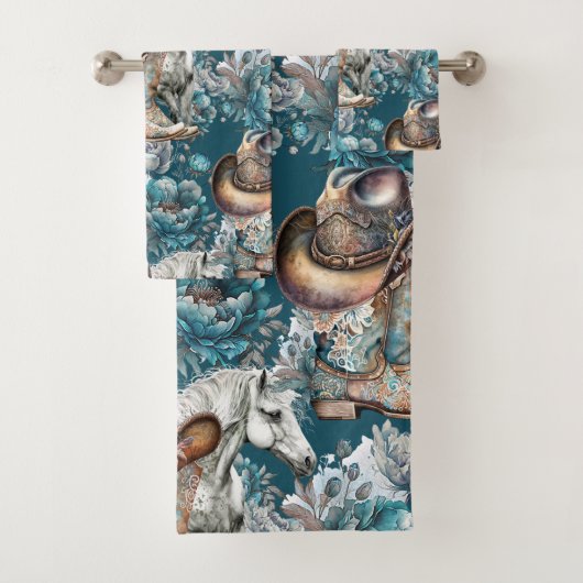 Paard meisje cowgirl patroon turquoise bloemen bad handdoek (Insitu)