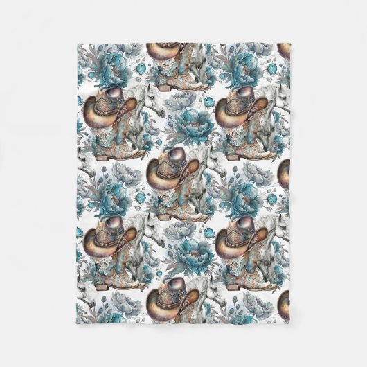 Paard meisje cowgirl patroon turquoise bloemen fleece deken (Voorkant)