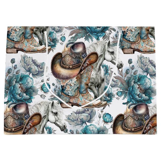 Paard meisje cowgirl patroon turquoise bloemen groot cadeauzakje (Voorkant)
