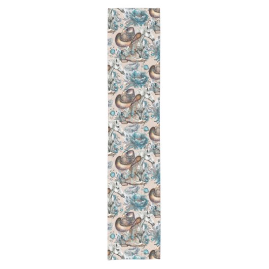 Paard meisje cowgirl patroon turquoise bloemen korte tafelloper (Voorkant)