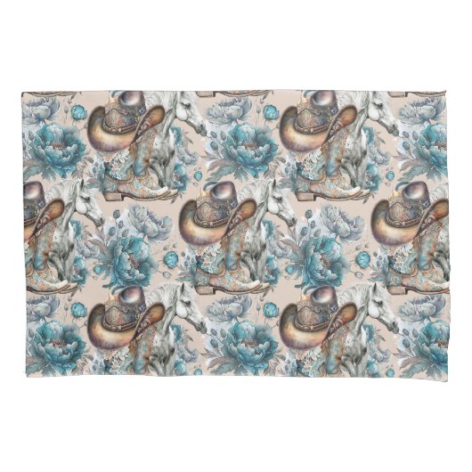 Paard meisje cowgirl patroon turquoise bloemen kussensloop (Voorkant)