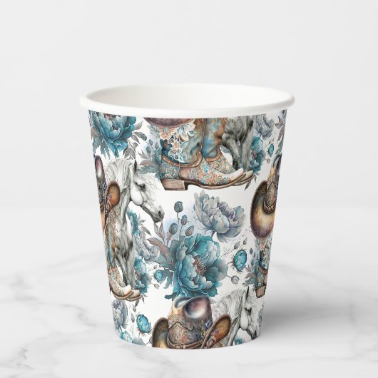 Paard meisje cowgirl patroon turquoise bloemen papieren bekers (Voorkant)