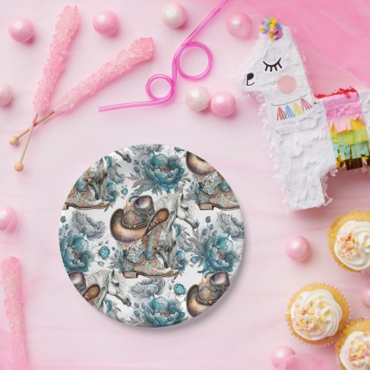 Paard meisje cowgirl patroon turquoise bloemen papieren bordje (Feest)
