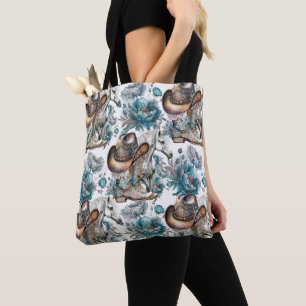 Paard meisje cowgirl patroon turquoise bloemen tote bag