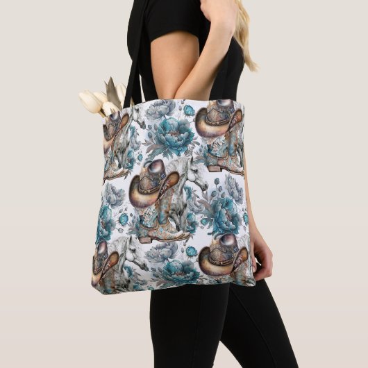 Paard meisje cowgirl patroon turquoise bloemen tote bag (Dichtbij)
