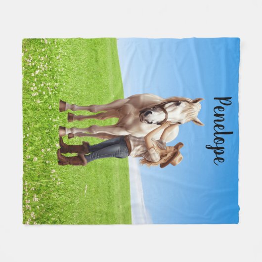 Paard Meisje Paardrijden Meadow Gepersonaliseerd Fleece Deken (Voorkant (Horizontaal))