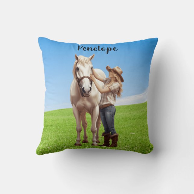 Paard Meisje Paardrijden Meadow Gepersonaliseerd Kussen (Achterkant)