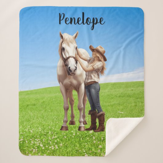 Paard Meisje Paardrijden Meadow Gepersonaliseerd Sherpa Deken (Voorkant)