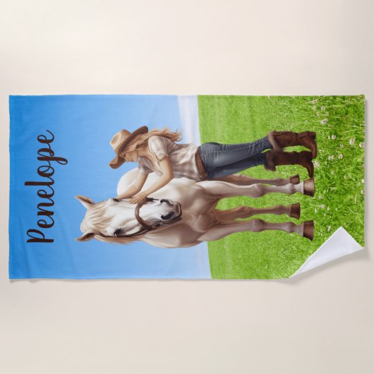 Paard Meisje Paardrijden Meadow Gepersonaliseerd Strandlaken (Voorkant)