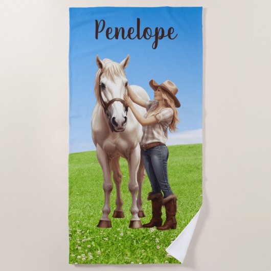 Paard Meisje Paardrijden Meadow Gepersonaliseerd Strandlaken (Voorkant)