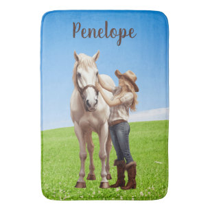Paard meisje paardrijden weide gepersonaliseerd badmat