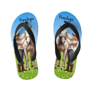 Paard meisje paardrijden weide gepersonaliseerd kinder teenslippers