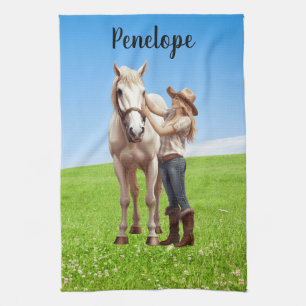 Paard meisje paardrijden weide gepersonaliseerd theedoek