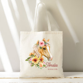 Paard meisje Palomino paard met zonnebloemen op ma Tote Bag