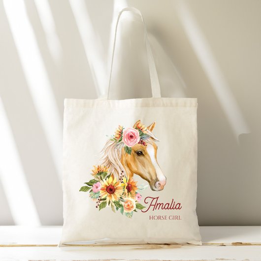 Paard meisje Palomino paard met zonnebloemen op ma Tote Bag