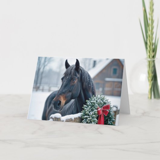 Paard met besneeuwde kerstkrans feestdagen kaart (Voorkant)
